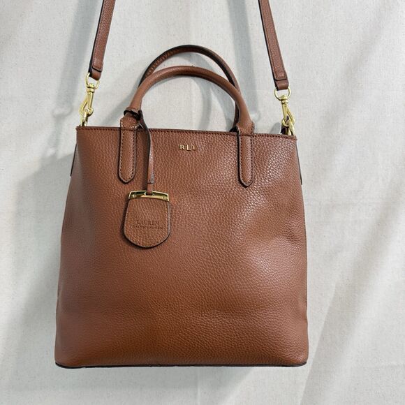 Lauren Ralph Lauren Leather Satchel Brown Pebbled Tote Crossbody Bag RLL